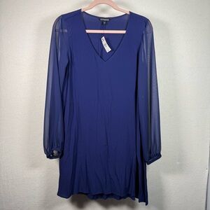 Express NWT Blue V-Neck A-Line Dress Knee Length Long Sleeve‎ Sheer Size M
